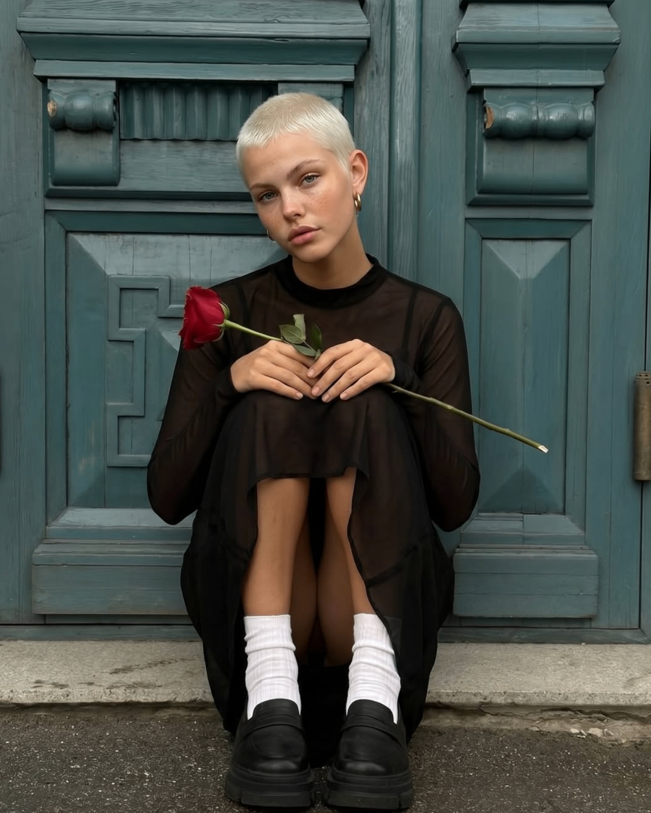 Kara North with a rose seated against a blue Paris doorway